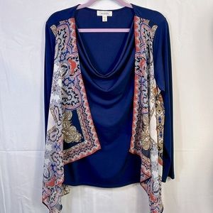 Dress Barn  Long sleeve Navy Blue Blouse With Attached Scarf Size 1X Like New